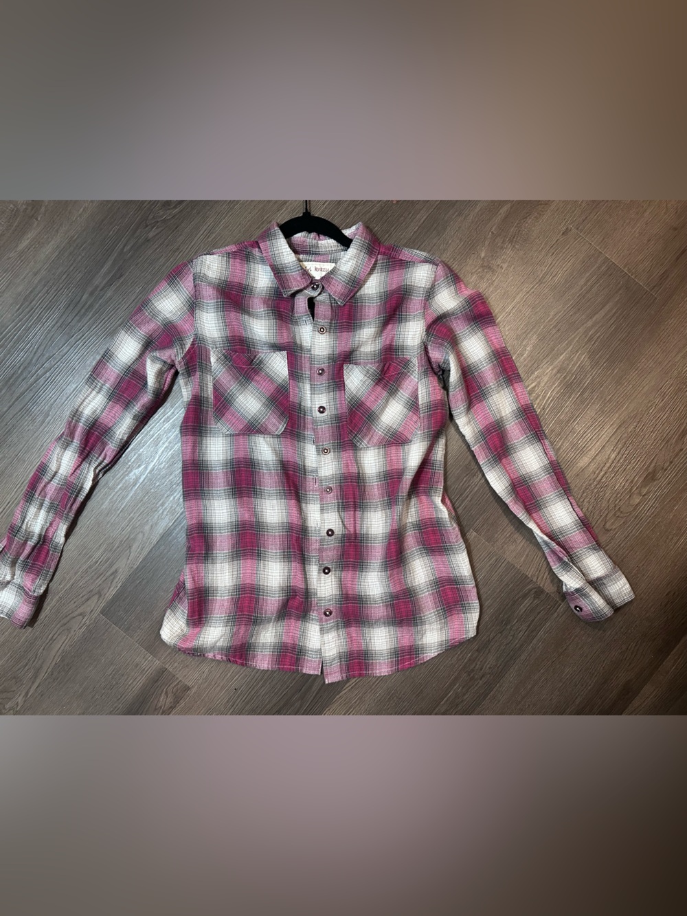Girl Krazy Boyfriend Flannel Button Up Shirt Pink Gray Plaid Size Small